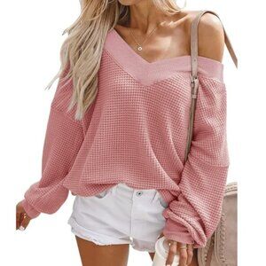 Adreamly Women's Casual V-neck Waffle Knit Drop Shoulder Pullover in size Medium